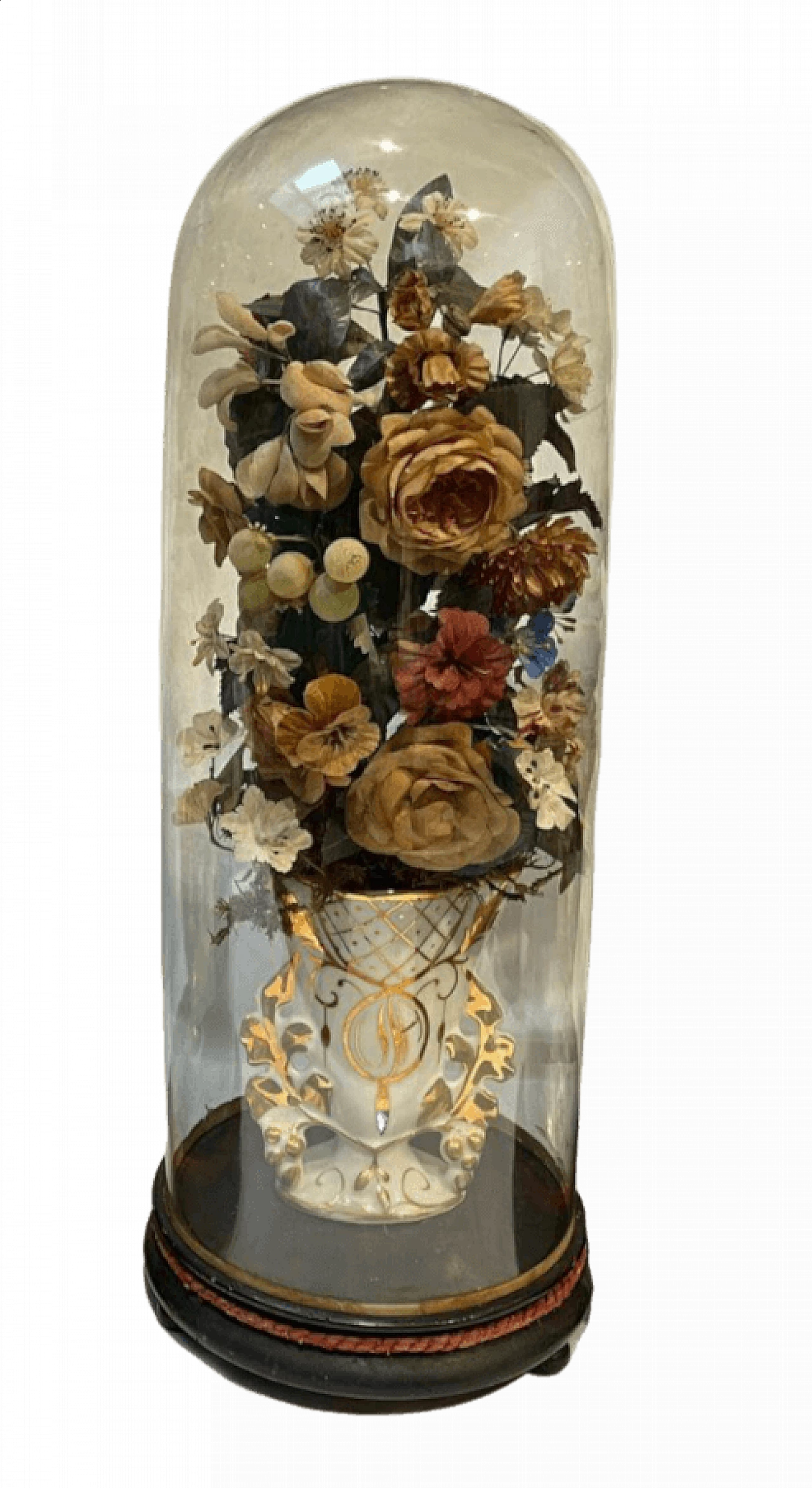 Floral composition in glass display with ceramic vase or cornucopia, 19th century 6