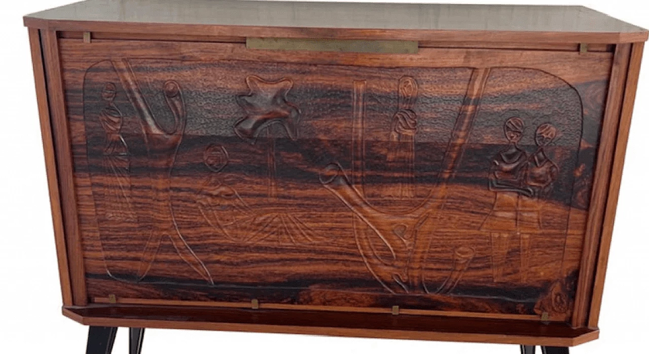 Rosewood bar cabinet with carvings, 1960s 3