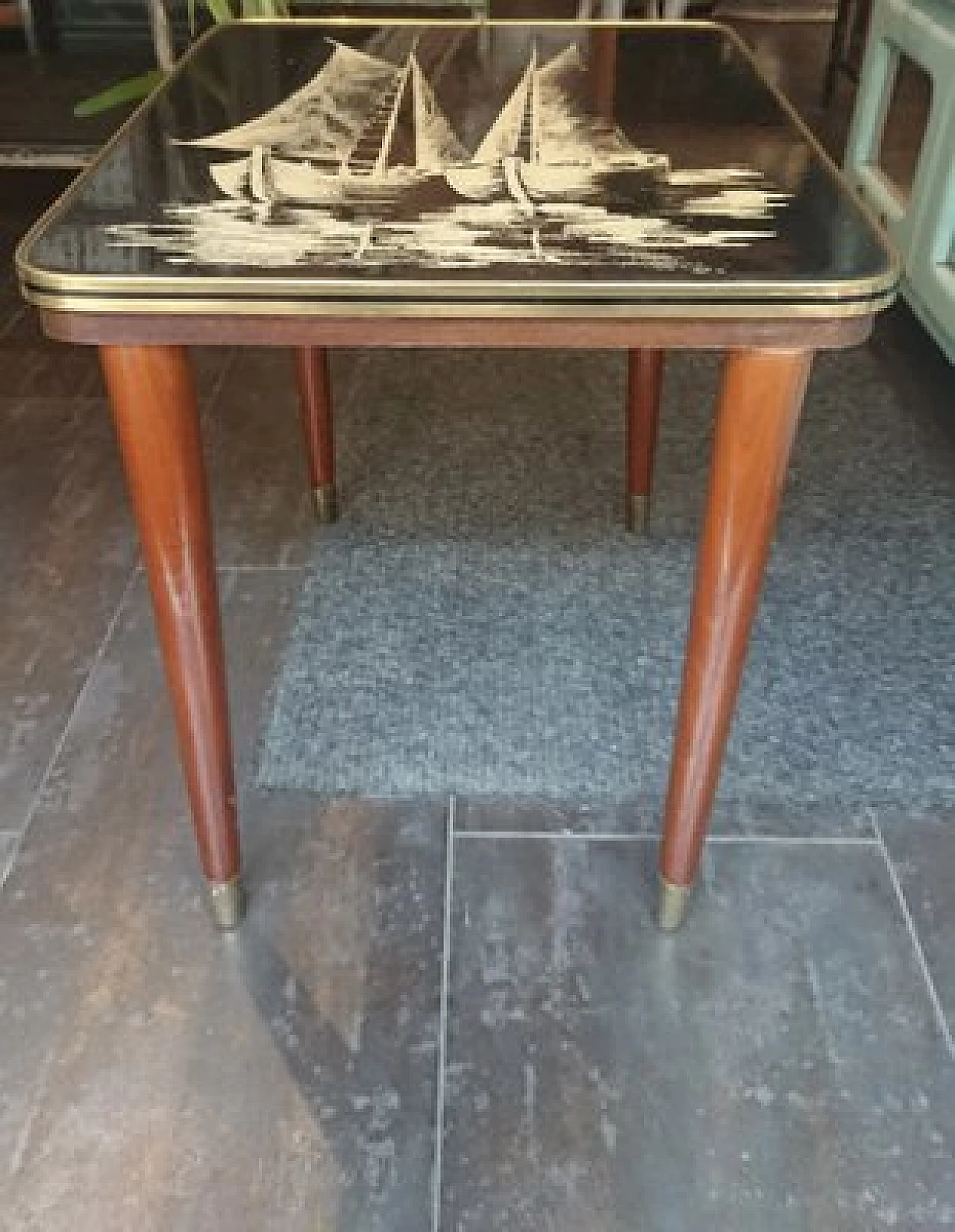 Wooden coffee table with screen-printed enamel top, 1950s 1