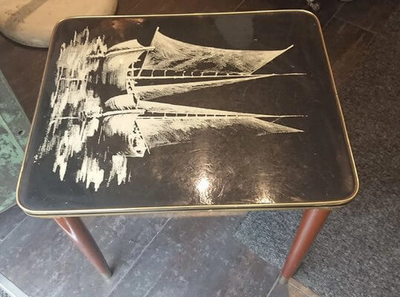 Wooden coffee table with screen-printed enamel top, 1950s 3