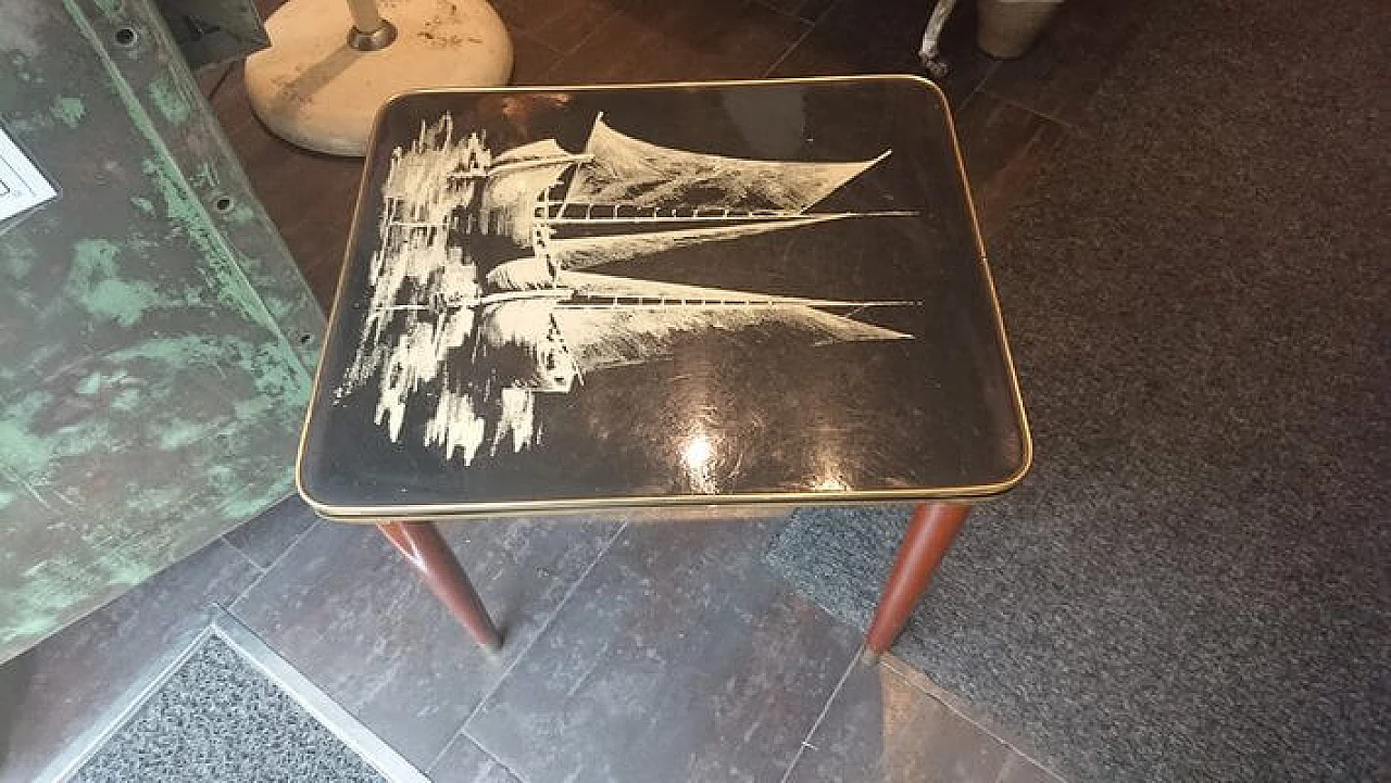 Wooden coffee table with screen-printed enamel top, 1950s 7