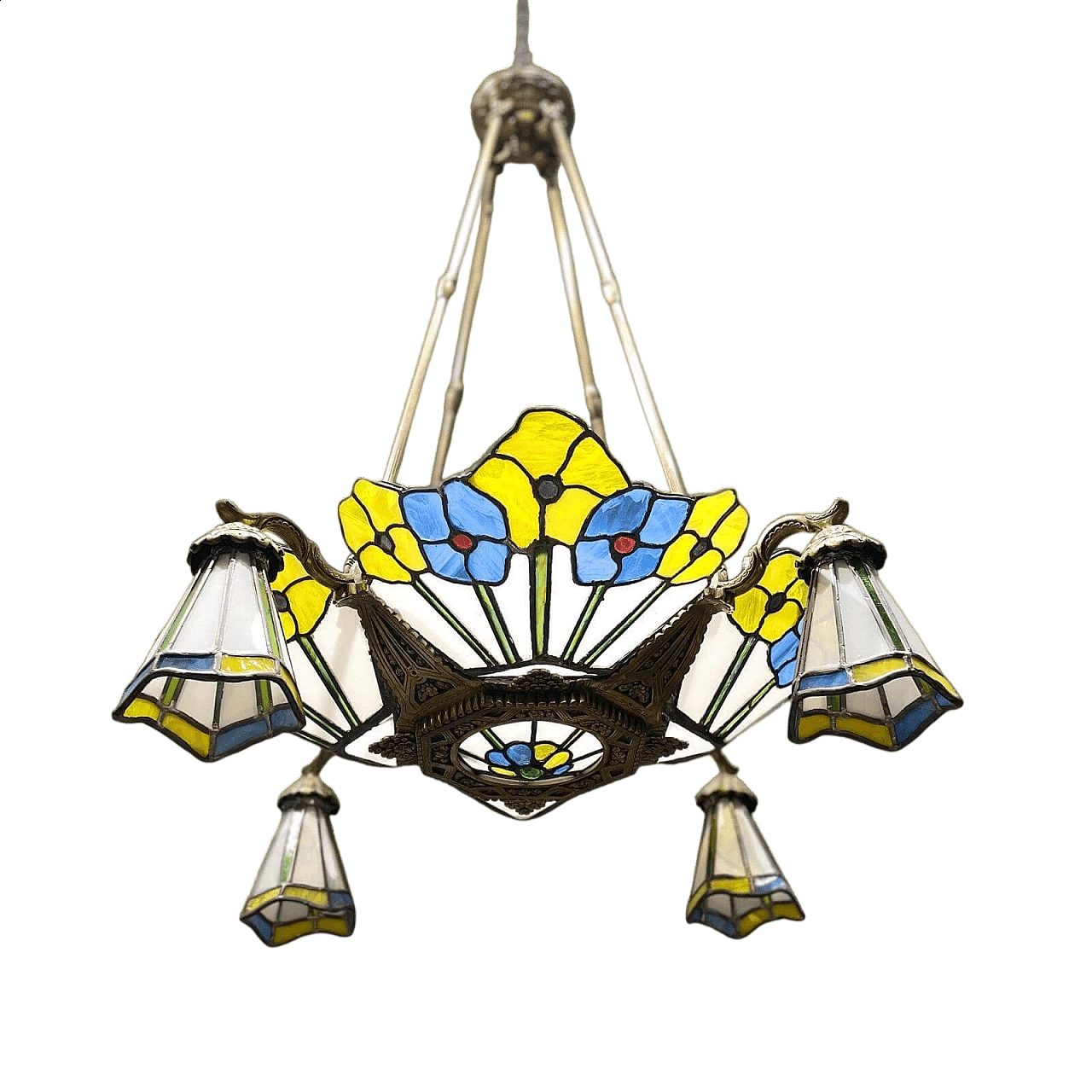 Four-light Art Nouveau bronze chandelier with glass paste, 1910s 7