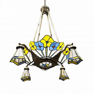 Lampadario Liberty a quattro luci con vetri in pasta di vetro e bronzo, anni '10