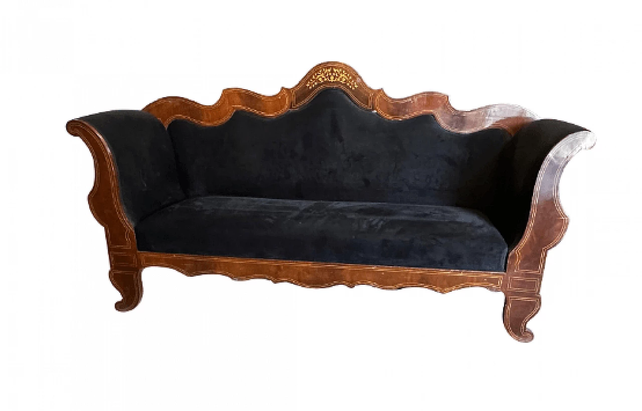 Sicilian Charles X inlaid wood and velvet sofa, mid-19th century 1