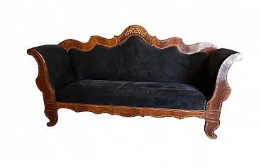 Sicilian Charles X inlaid wood and velvet sofa, mid-19th century