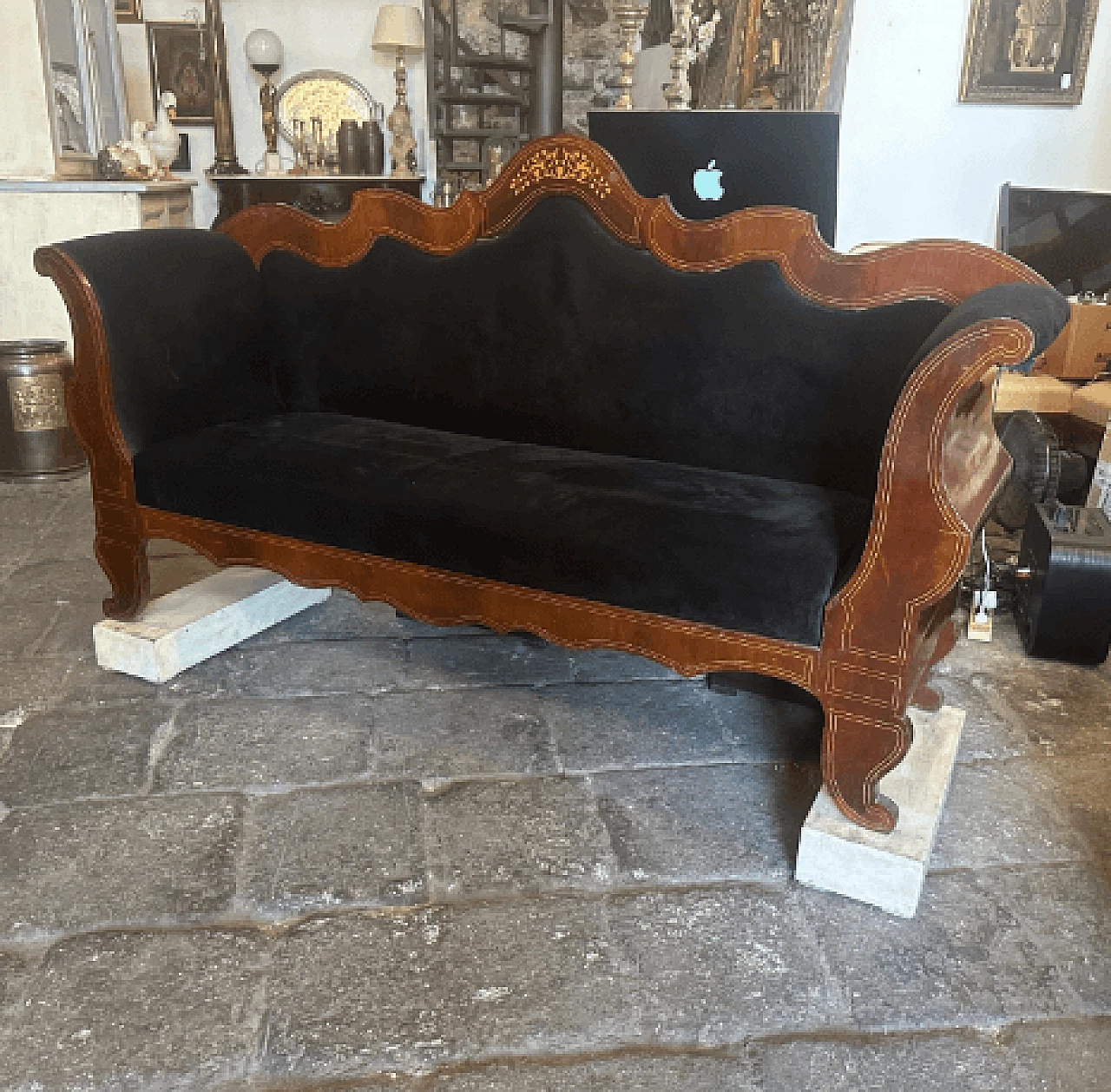 Sicilian Charles X inlaid wood and velvet sofa, mid-19th century 2