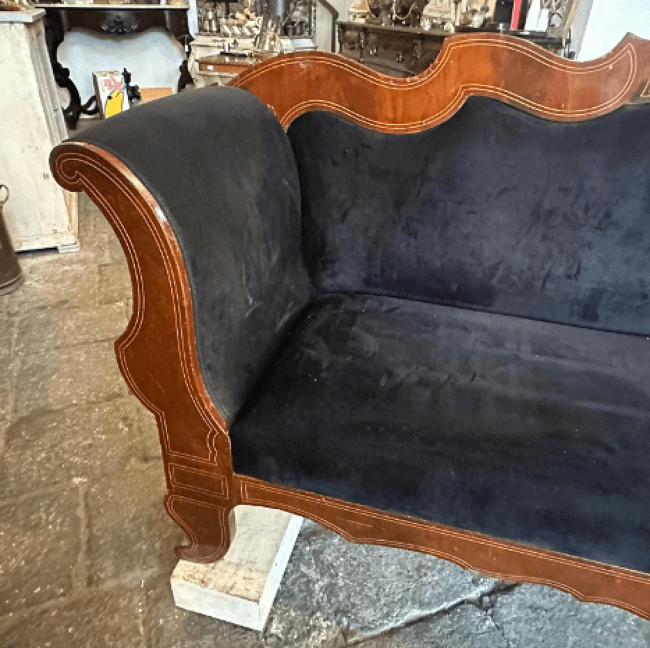 Sicilian Charles X inlaid wood and velvet sofa, mid-19th century 3