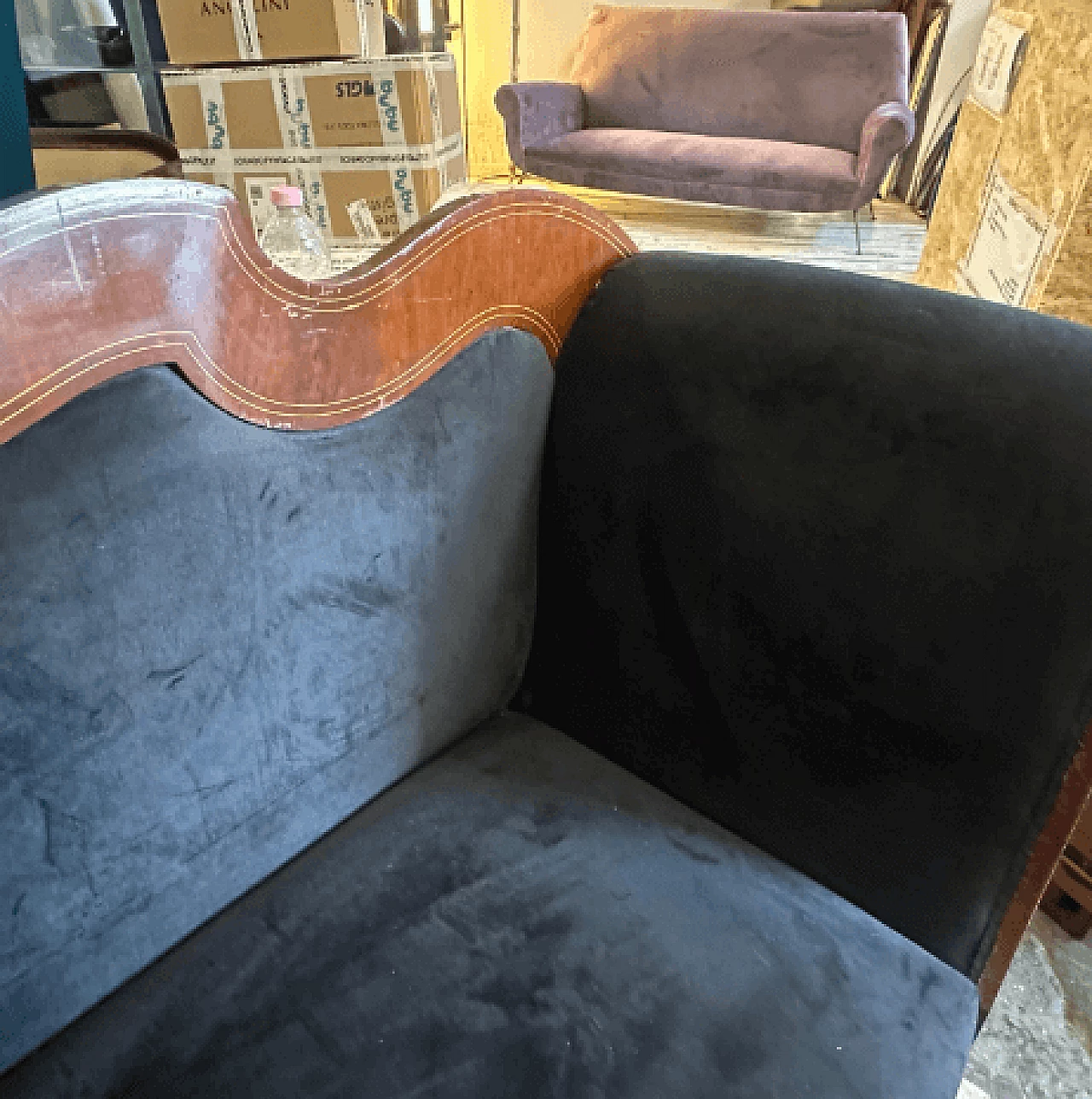 Divano Carlo X siciliano in legno intarsiato e velluto, metà '800 12