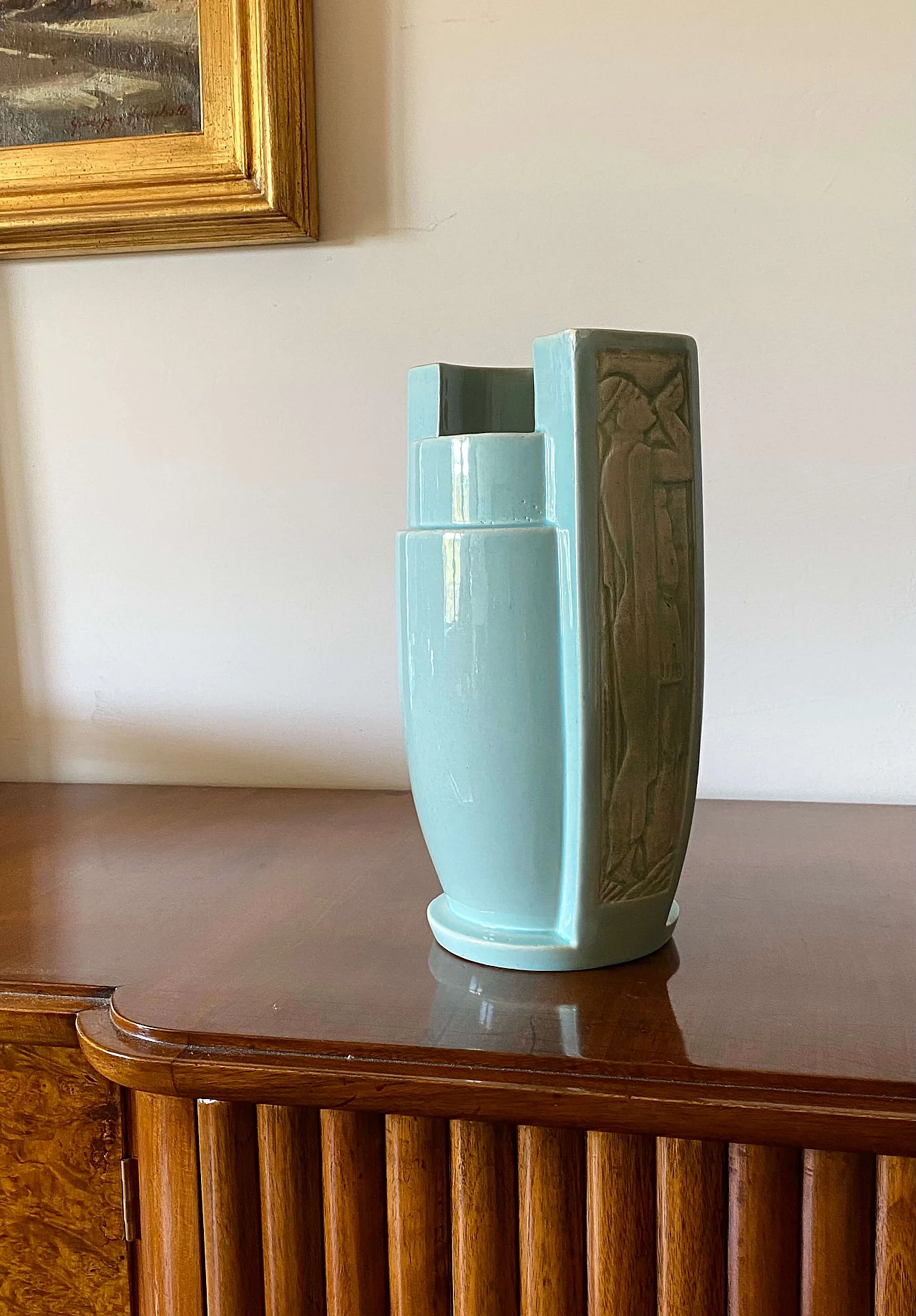 Vaso Art Déco in ceramica azzurra, anni '40 2