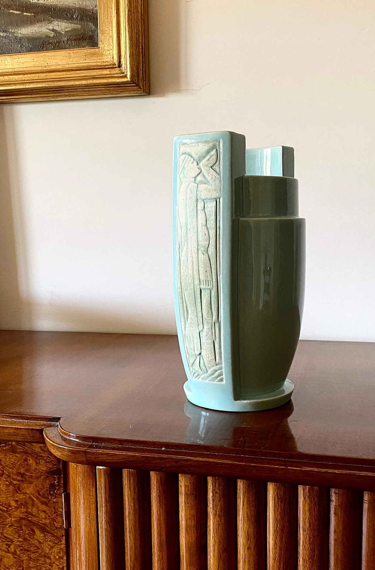 Vaso Art Déco in ceramica azzurra, anni '40 3
