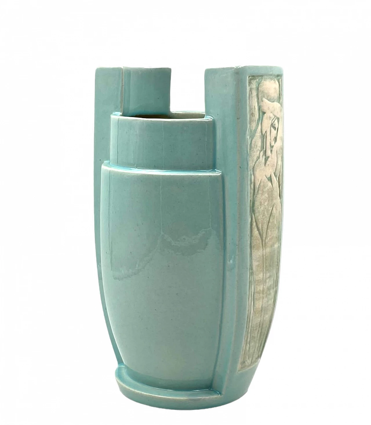 Vaso Art Déco in ceramica azzurra, anni '40 7
