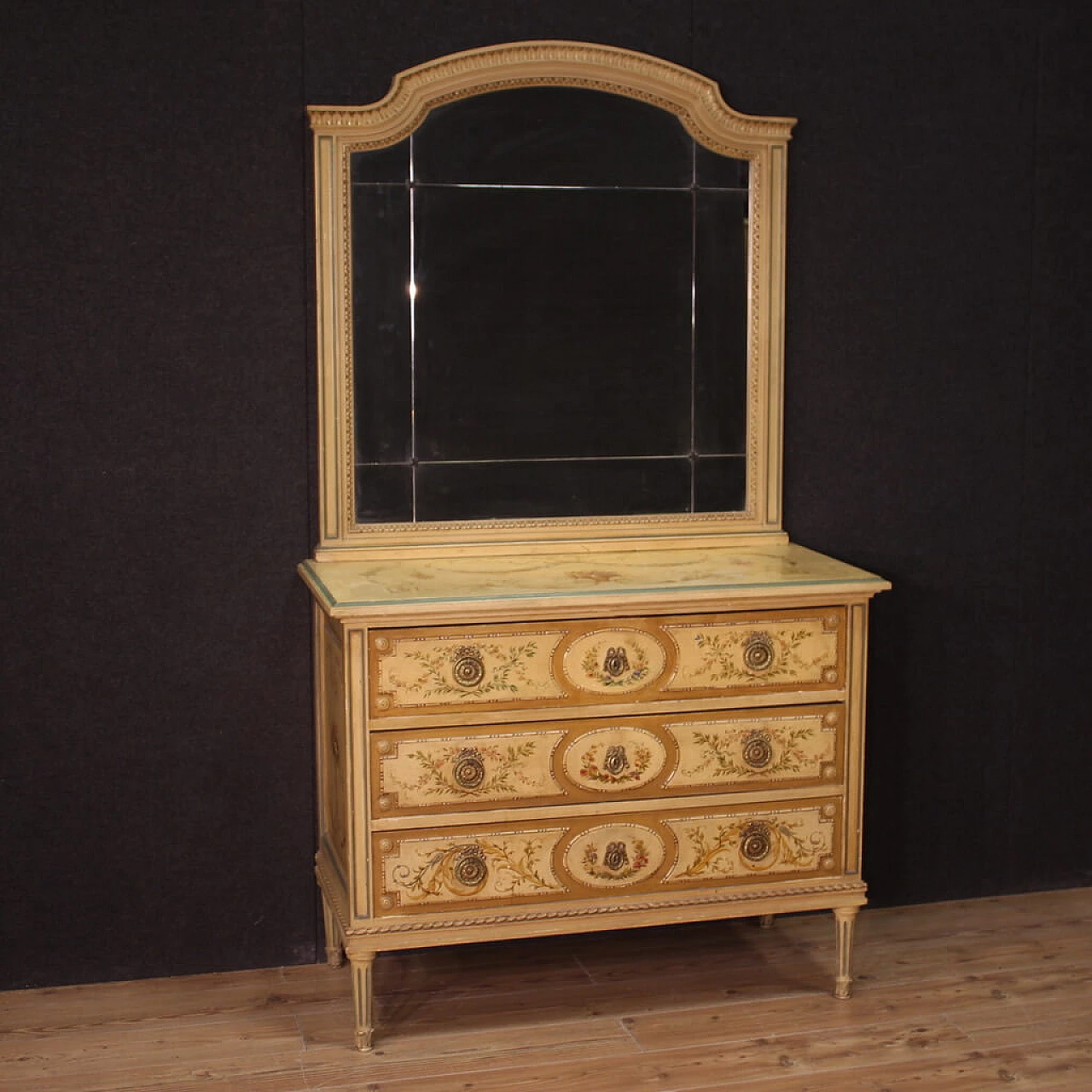 Louis XVI style lacquered and painted wood dresser with mirror, 1960s 1