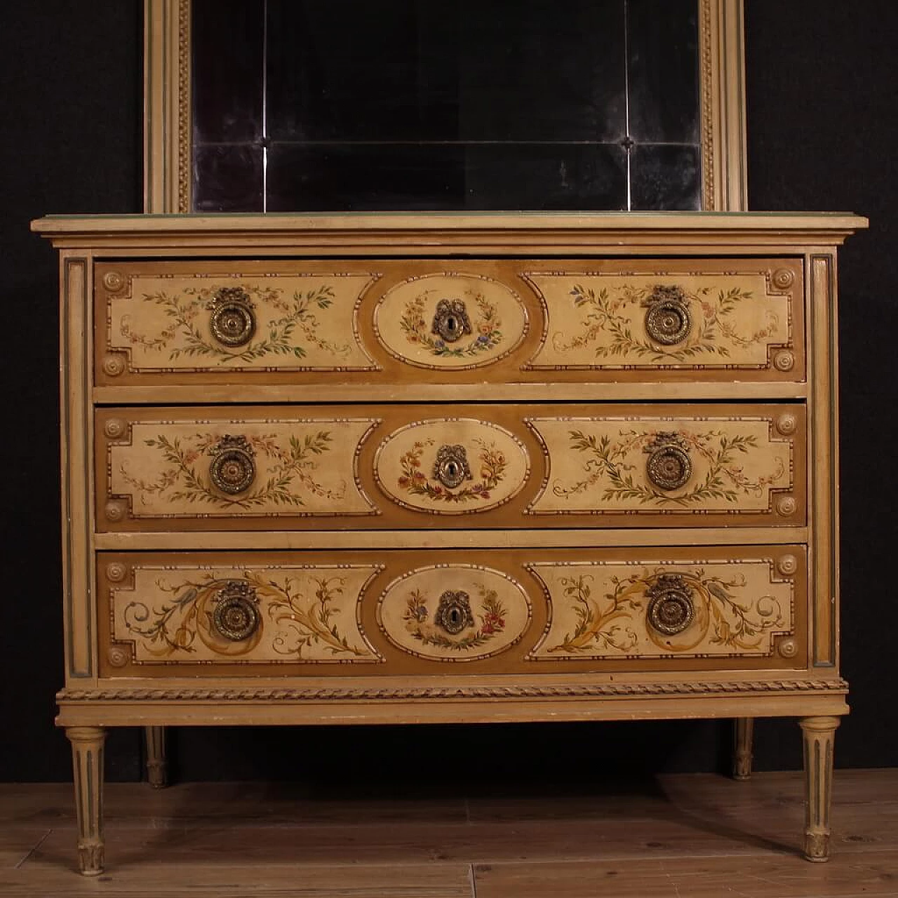 Comò con specchio stile Luigi XVI in legno laccato e dipinto, anni '60 5