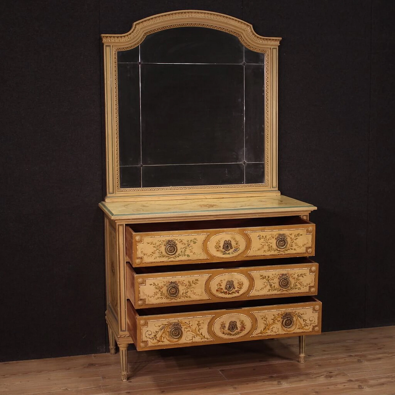 Louis XVI style lacquered and painted wood dresser with mirror, 1960s 7