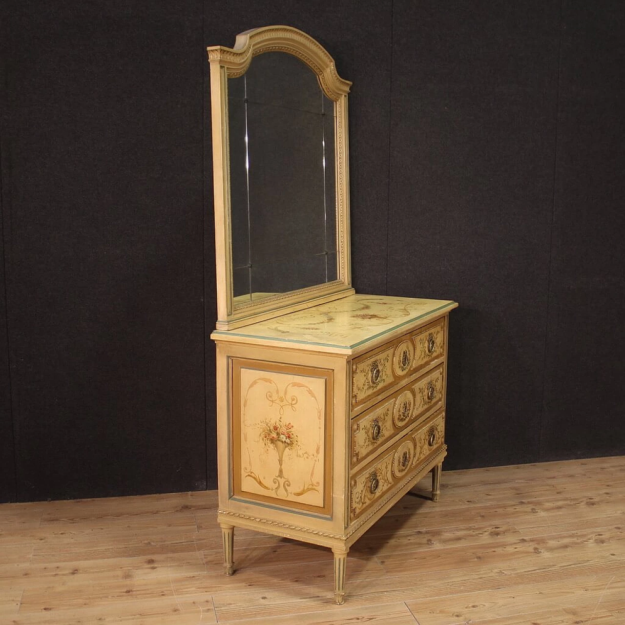 Louis XVI style lacquered and painted wood dresser with mirror, 1960s 8
