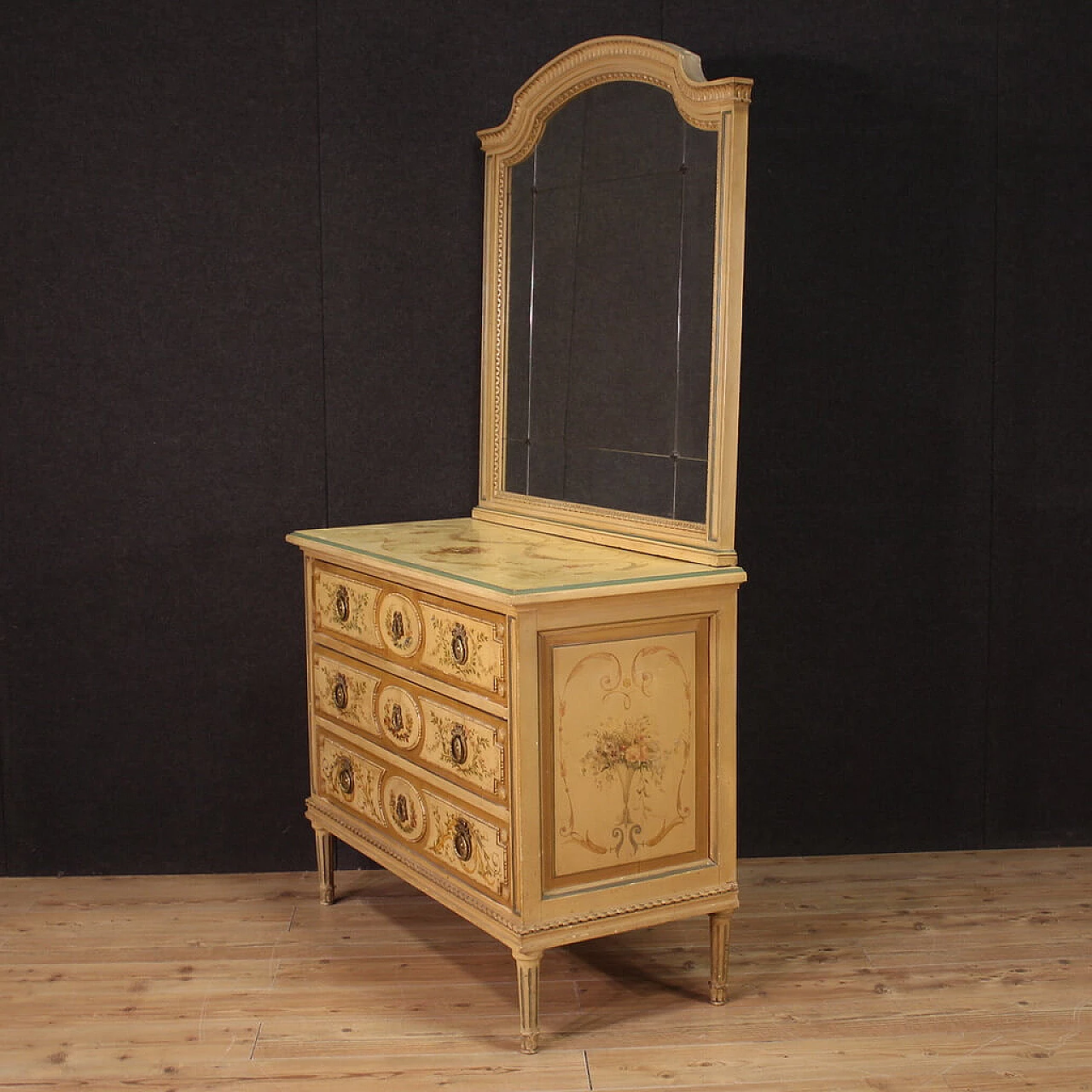 Louis XVI style lacquered and painted wood dresser with mirror, 1960s 12