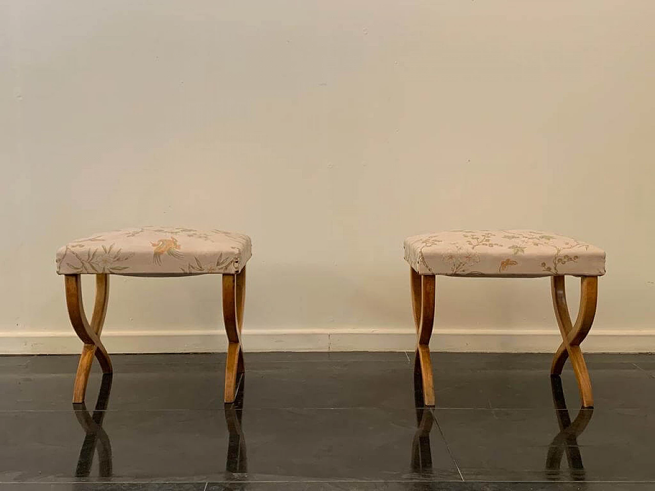 Pair of maple and Chinoserie fabric stools, 1940s 1
