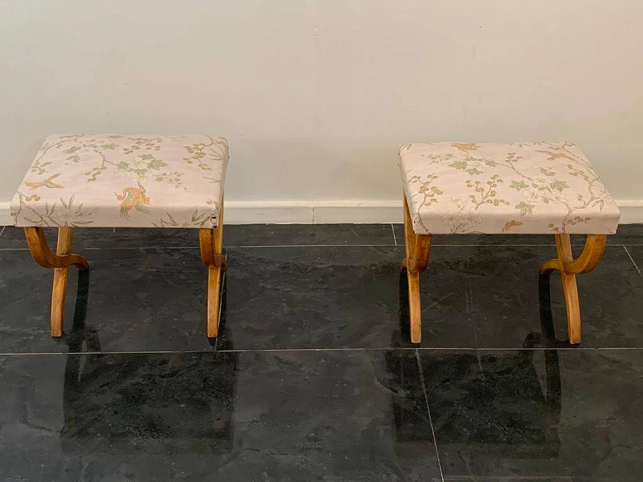 Pair of maple and Chinoserie fabric stools, 1940s 2