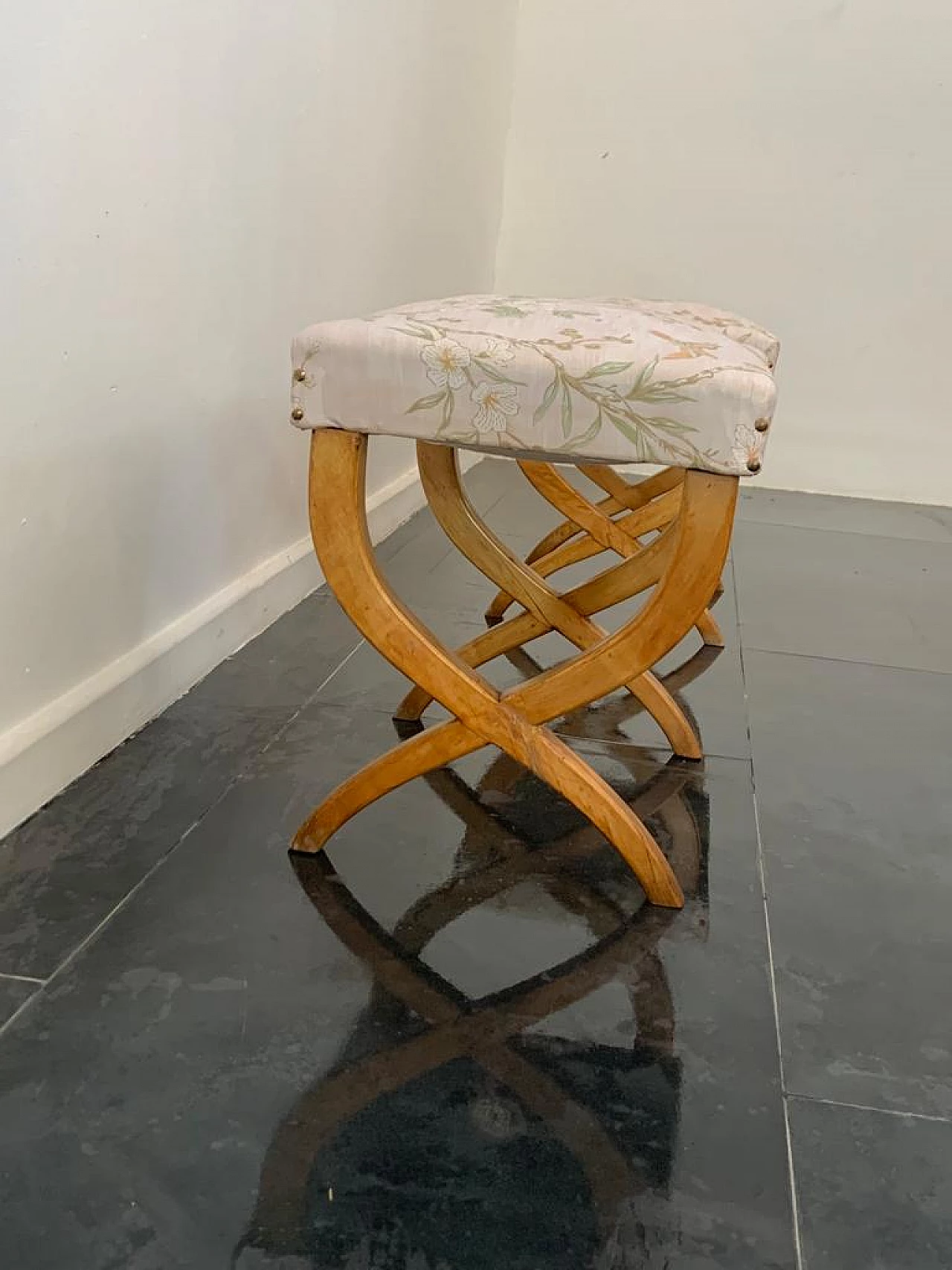 Pair of maple and Chinoserie fabric stools, 1940s 3