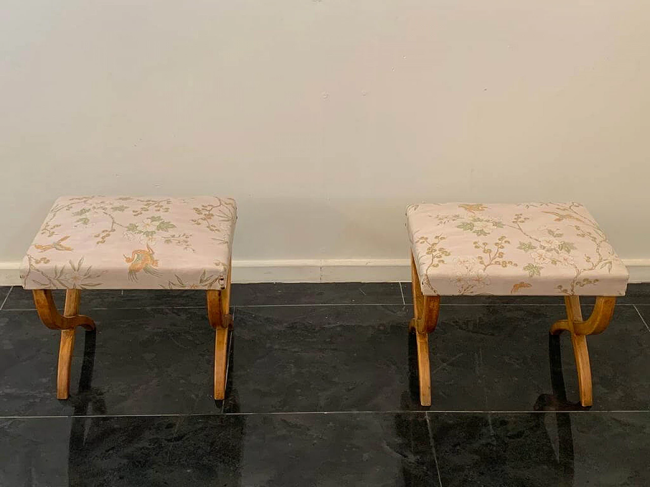 Pair of maple and Chinoserie fabric stools, 1940s 4