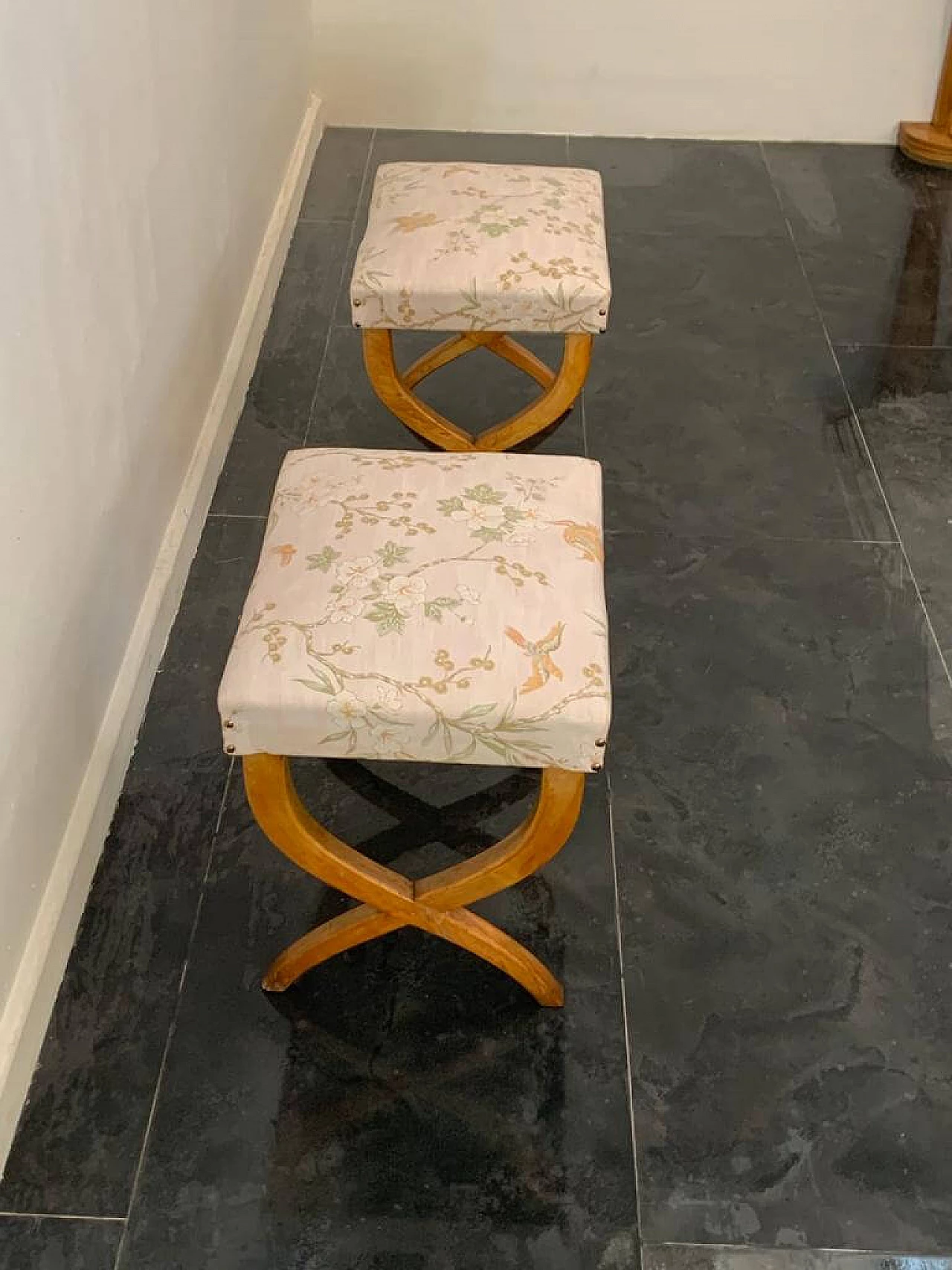 Pair of maple and Chinoserie fabric stools, 1940s 5