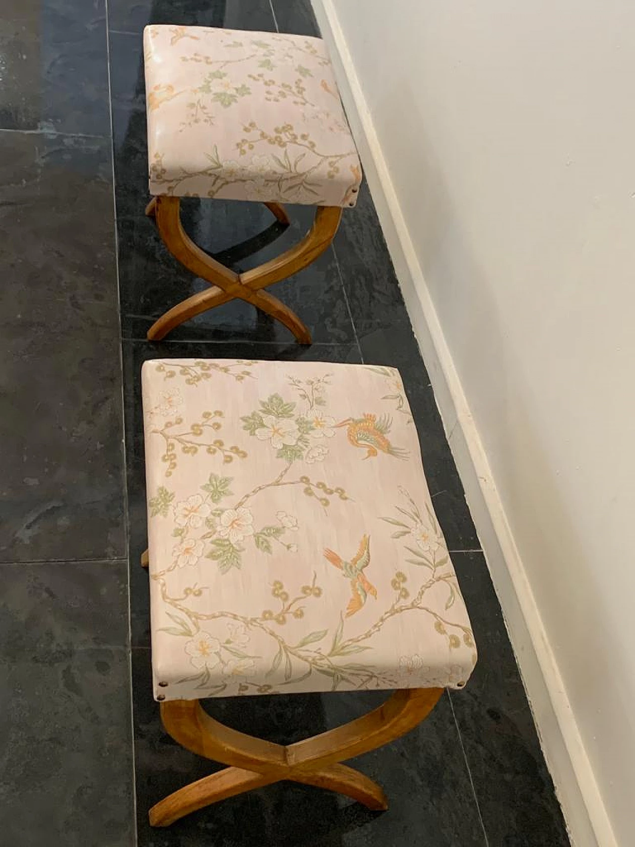 Pair of maple and Chinoserie fabric stools, 1940s 6