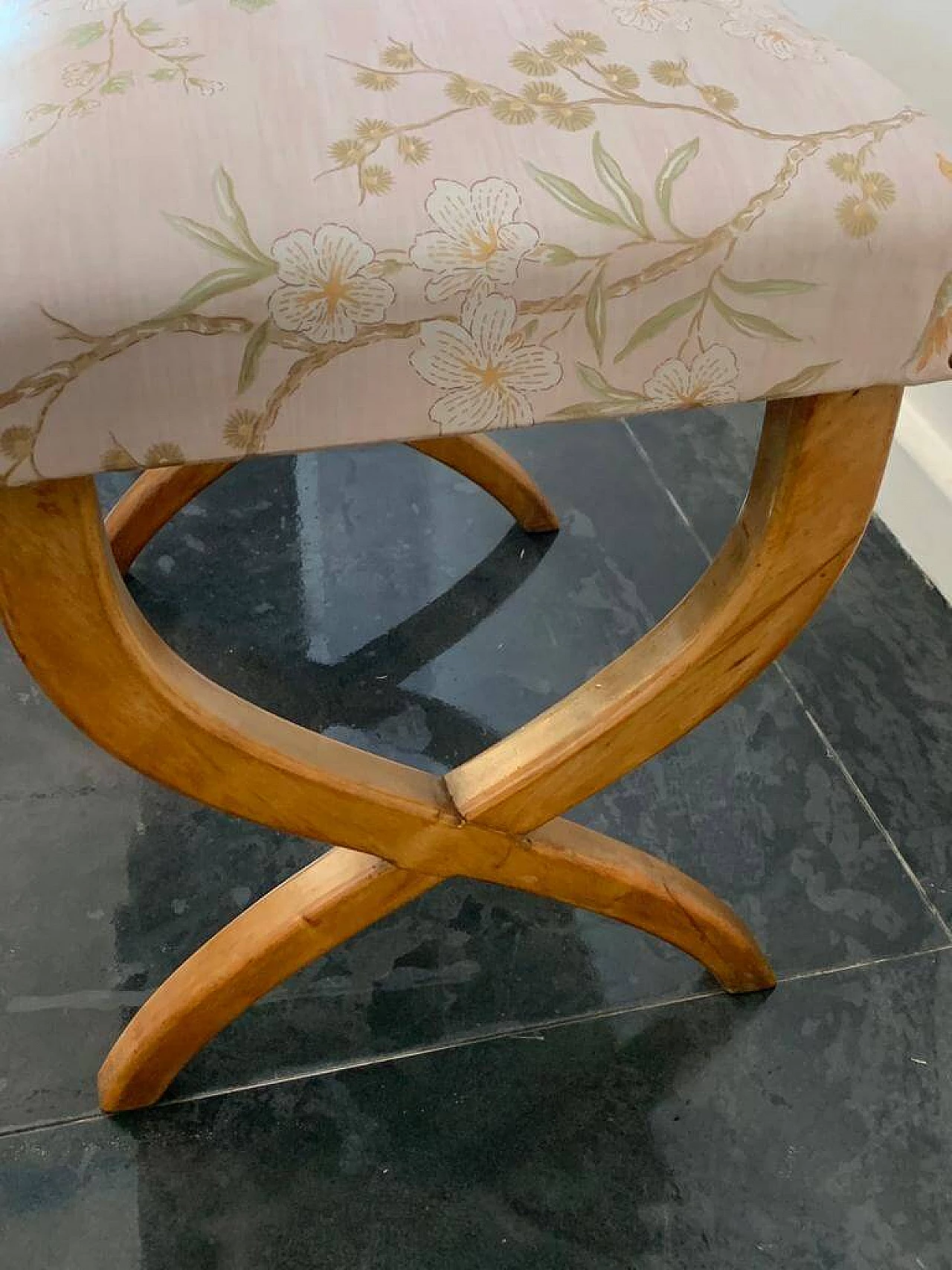 Pair of maple and Chinoserie fabric stools, 1940s 7