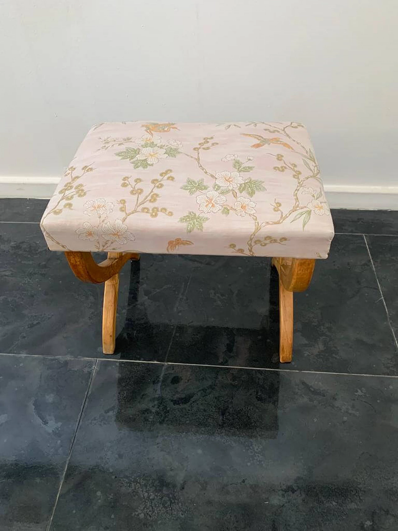 Pair of maple and Chinoserie fabric stools, 1940s 12