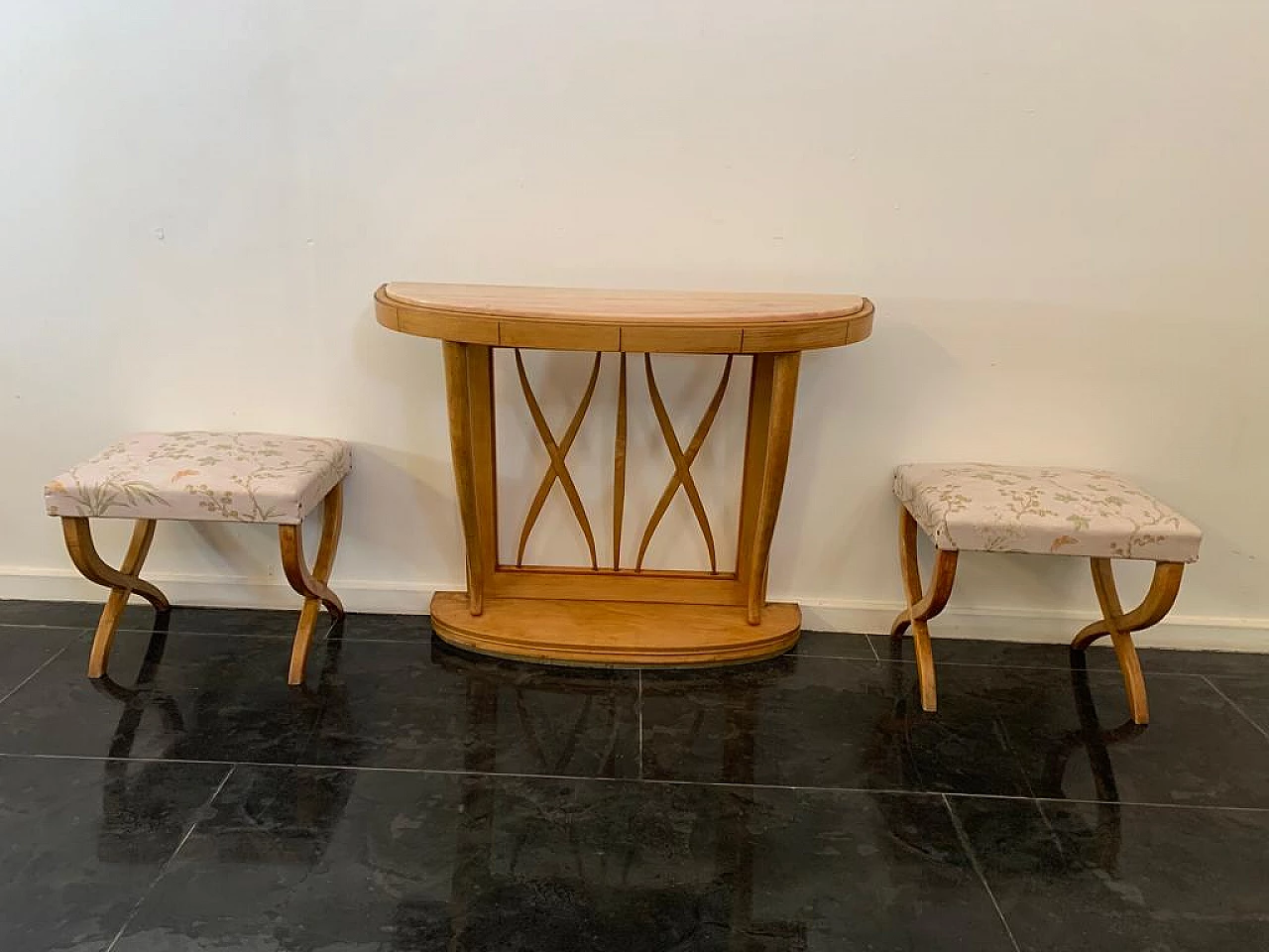 Pair of maple and Chinoserie fabric stools, 1940s 14