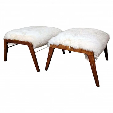 Pair of oak benches with long-haired sheepskin seat, 1950s
