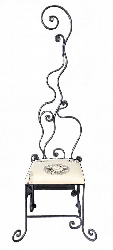 Sedia in ferro battuto con cuscino con stoffa Fornasetti, anni '70