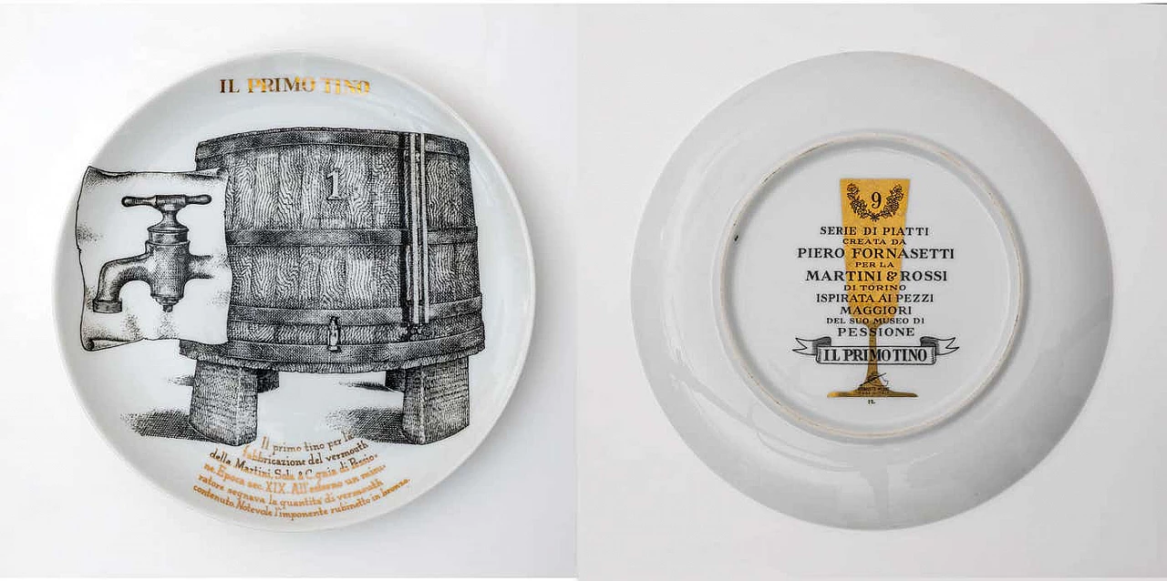 12 Piatti decorativi in porcellana di Piero Fornasetti per Martini & Rossi, anni '60 10