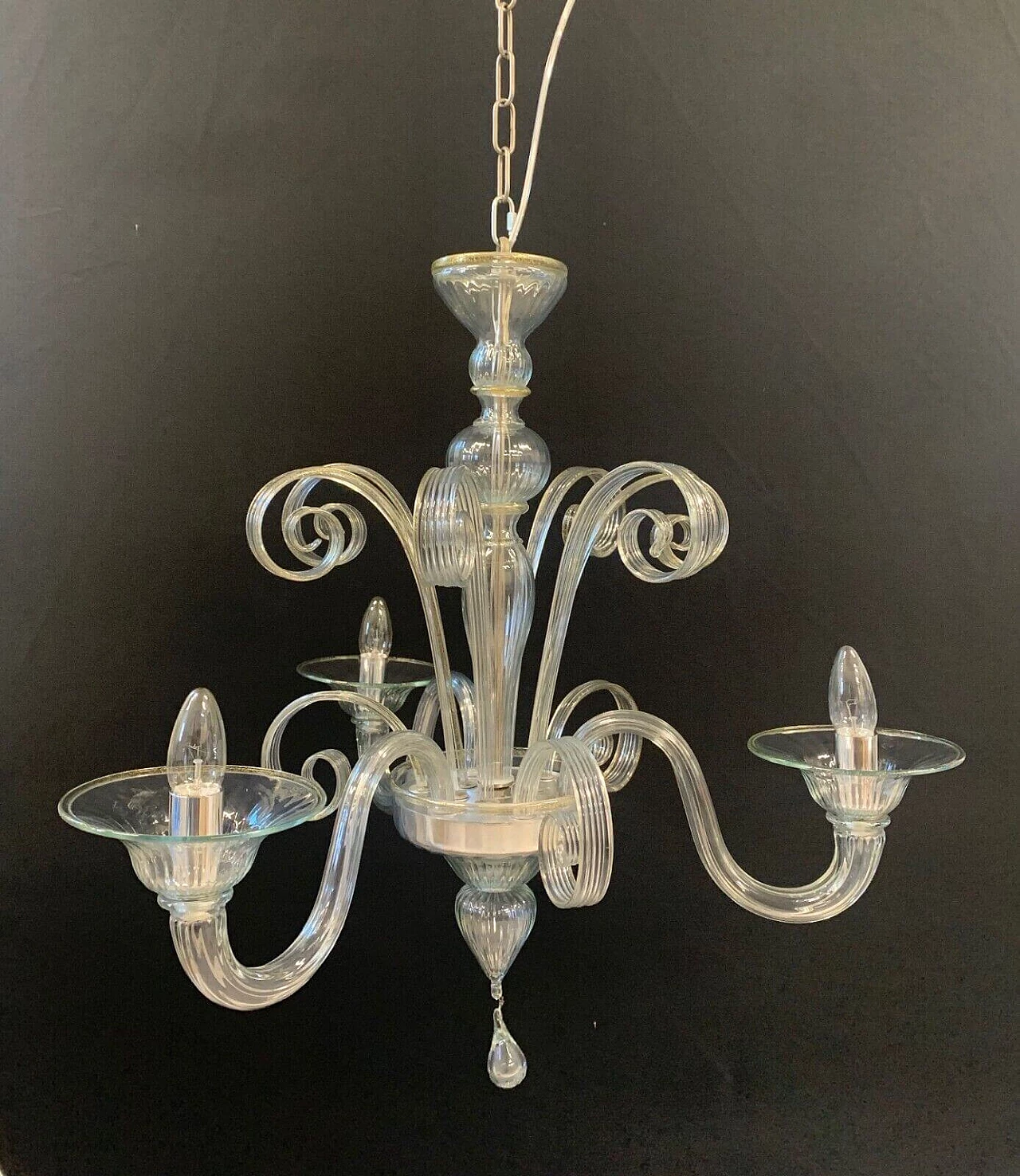 Transparent and gold Murano glass three-armed chandelier attributed to Cesare Toso, 1980s 2