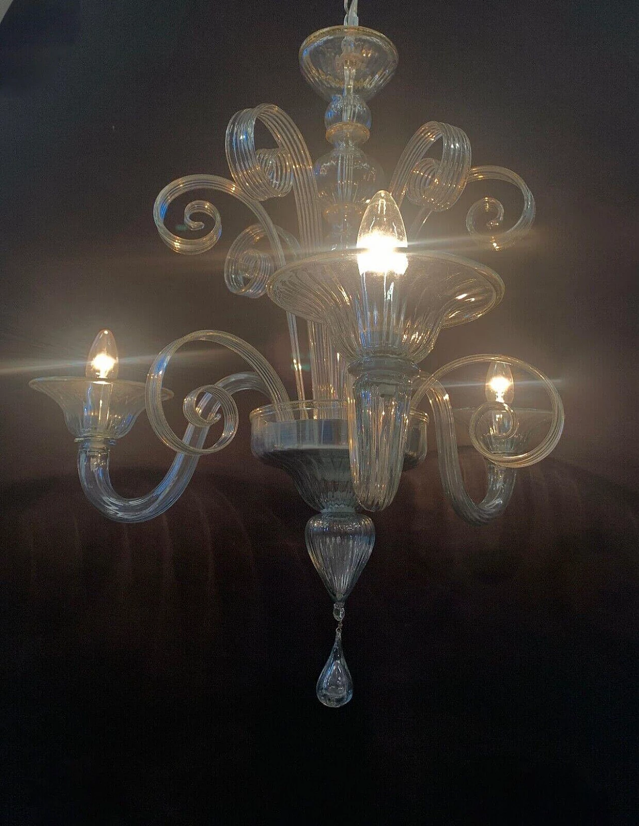 Transparent and gold Murano glass three-armed chandelier attributed to Cesare Toso, 1980s 4