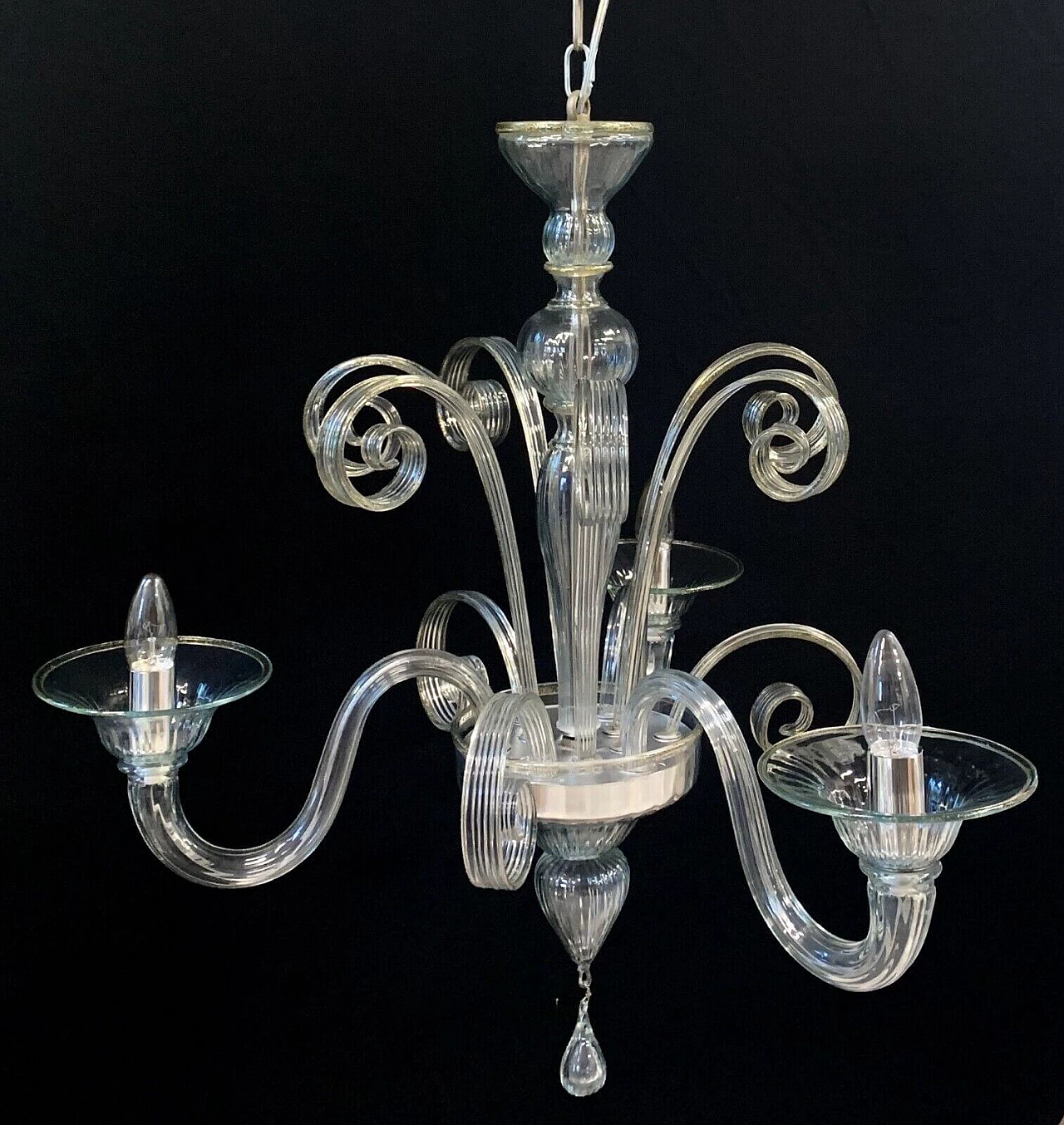 Transparent and gold Murano glass three-armed chandelier attributed to Cesare Toso, 1980s 5