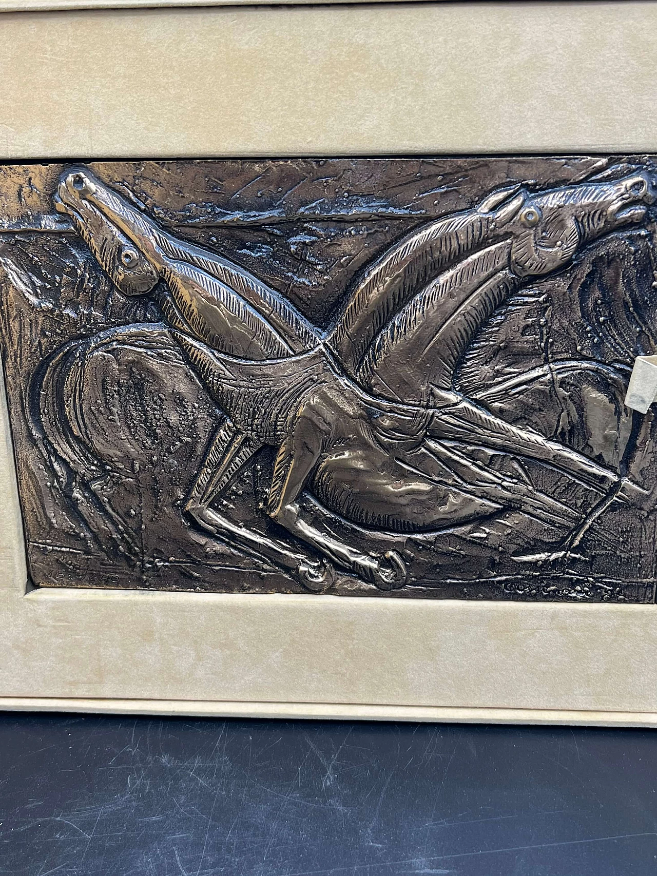 Bruno Cassinari, horses, metal bas-relief, 1970s 8