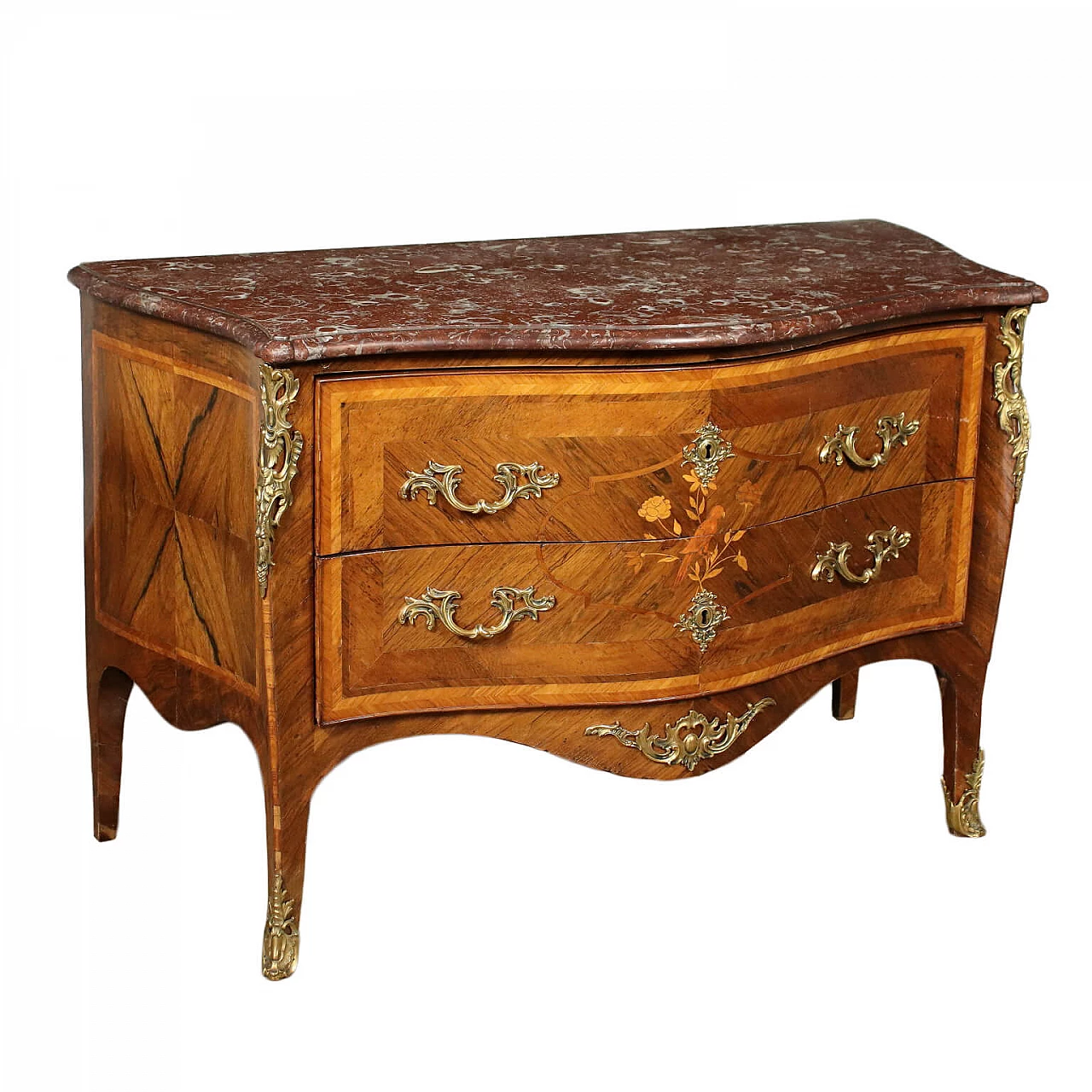 Rococo rosewood dresser with bronze and red marble elements, 18th century 1