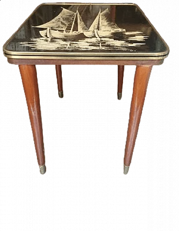 Tavolino in legno con piano smaltato a vele serigrafate, anni '50
