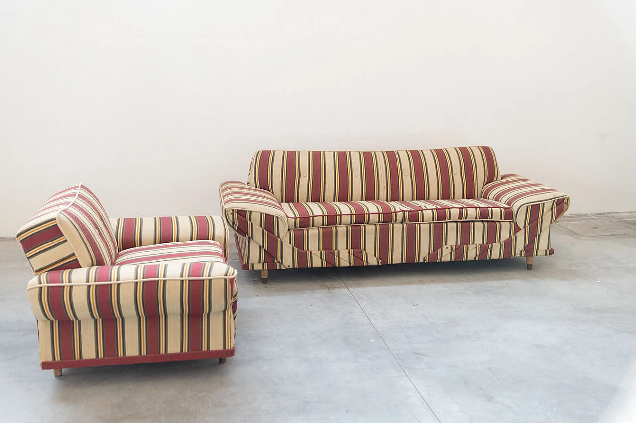 Striped fabric sofa and armchair with wooden frame, 1970s 1