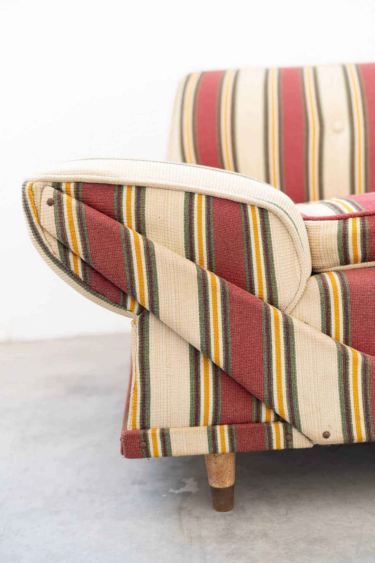 Striped fabric sofa and armchair with wooden frame, 1970s 11