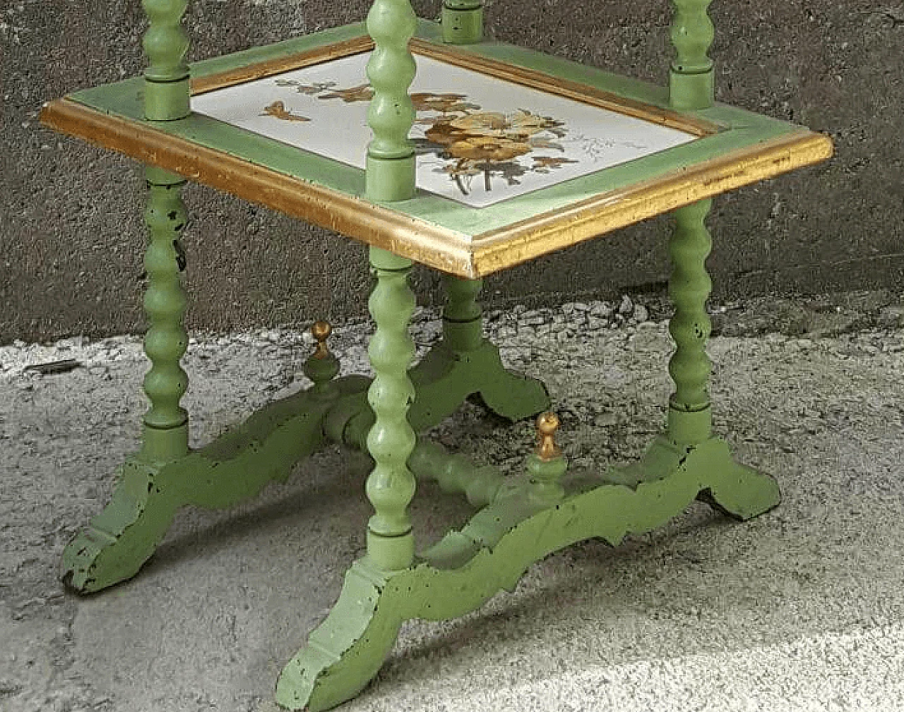 Lacquered and gilded wood side table with ceramic shelves, 19th century 2