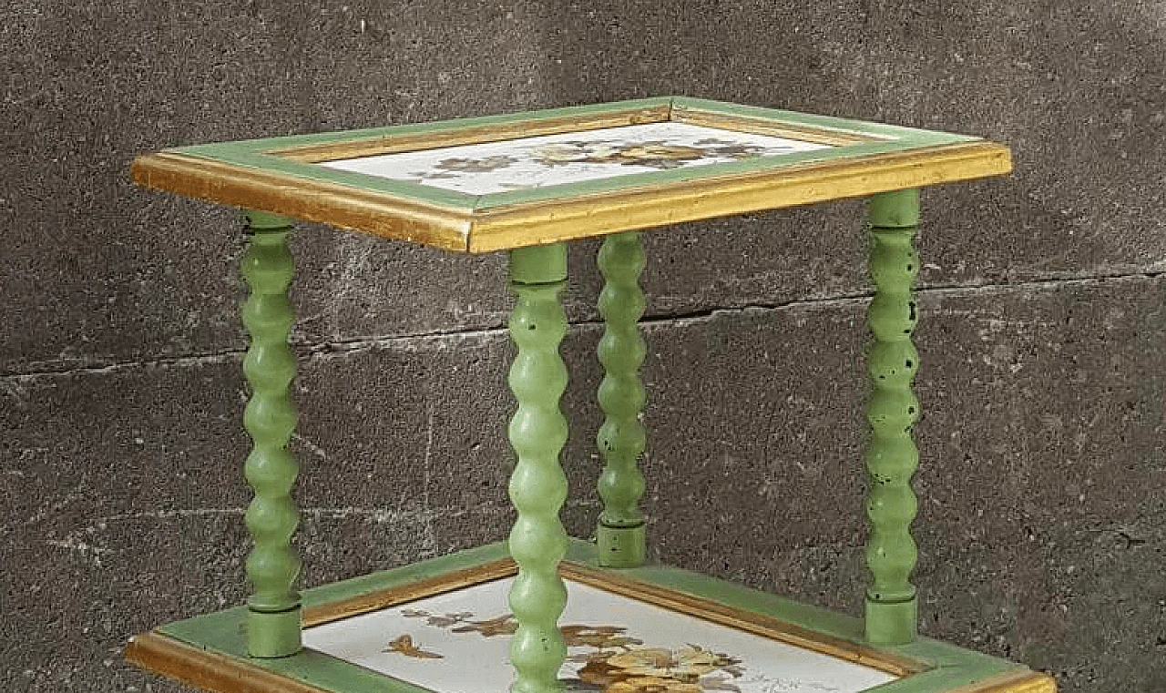 Lacquered and gilded wood side table with ceramic shelves, 19th century 3