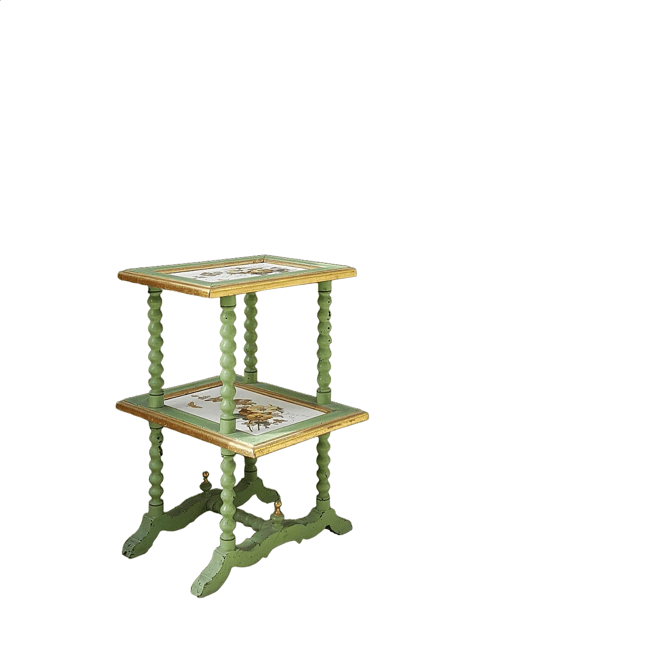Lacquered and gilded wood side table with ceramic shelves, 19th century 4