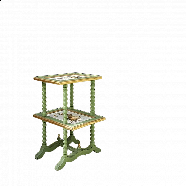 Lacquered and gilded wood side table with ceramic shelves, 19th century