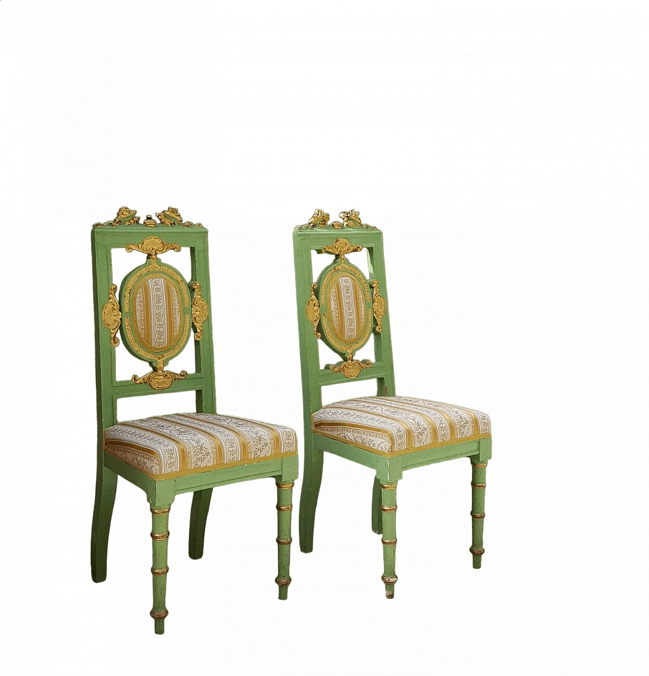 Coppia di sedie in legno laccato verde e dorato, seconda metà dell'800 2
