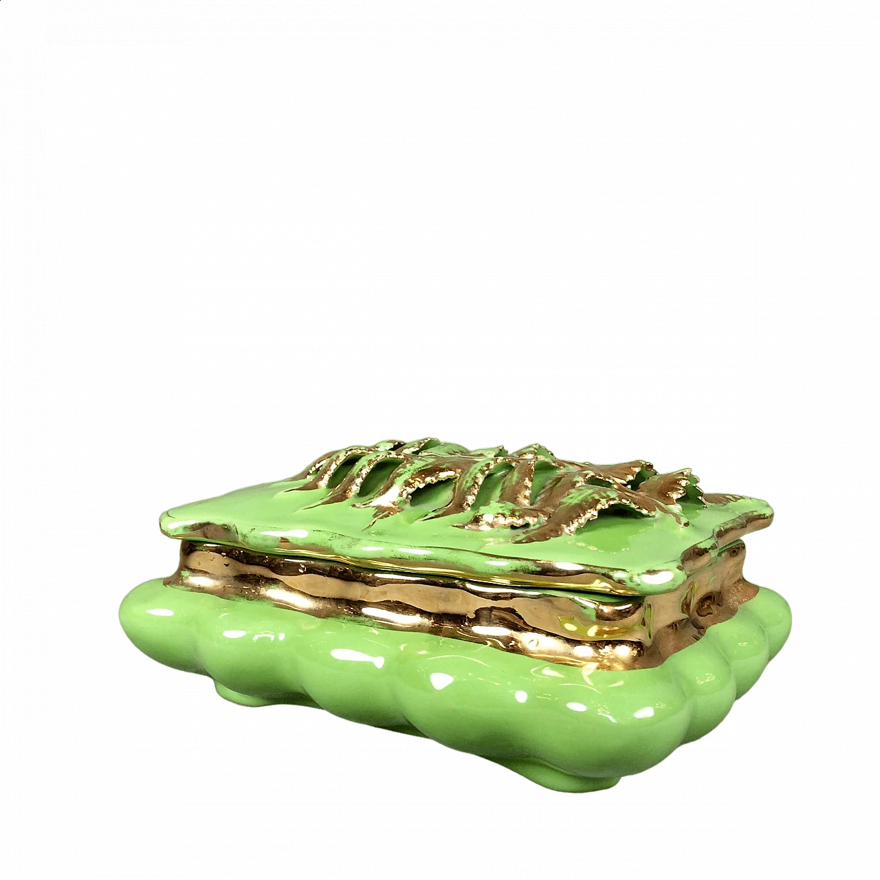 Green and gilded majolica jewelry box, 1950s 4