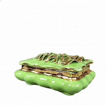 Green and gilded majolica jewelry box, 1950s