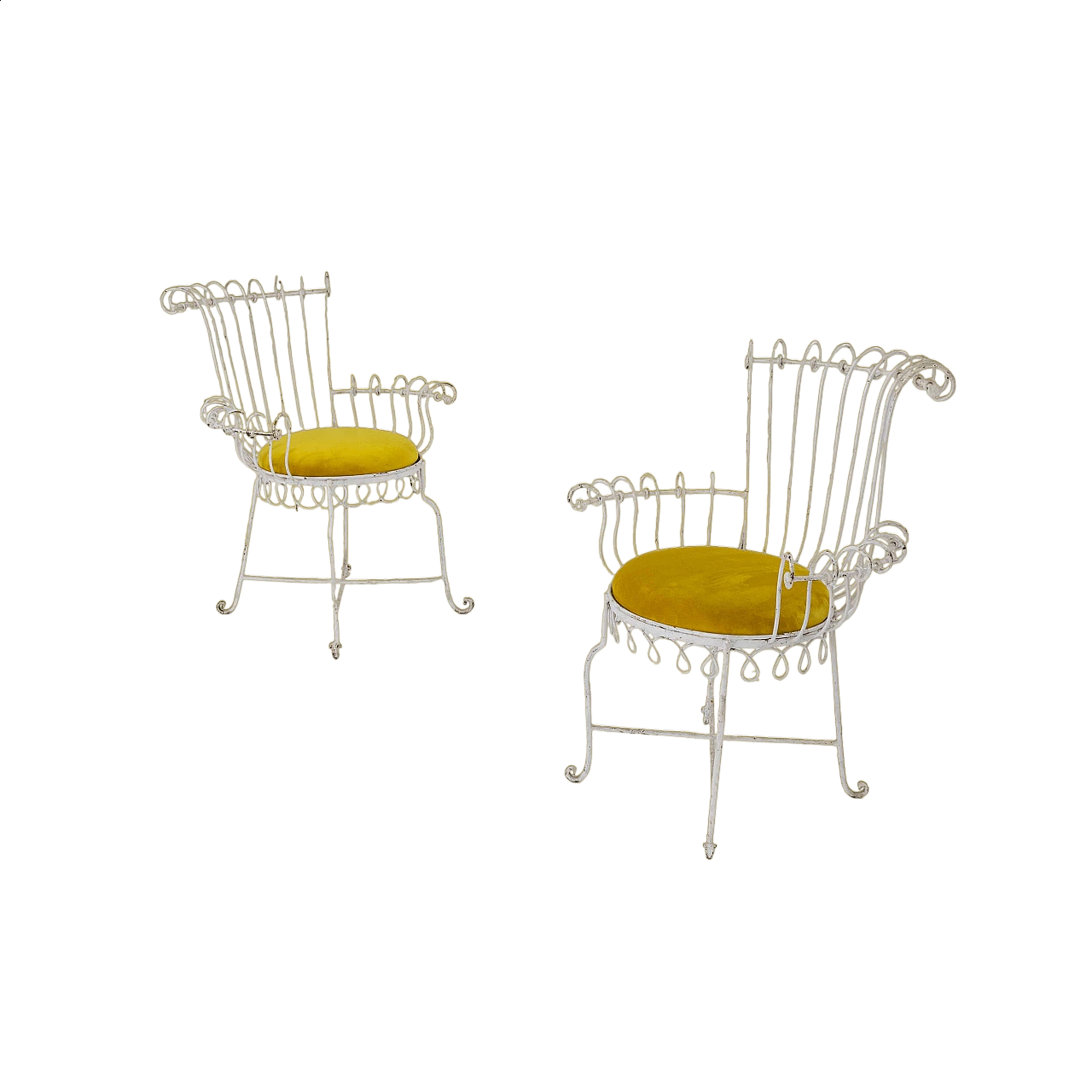 Pair of iron and yellow velvet chairs, 1950s 10