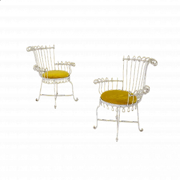 Pair of iron and yellow velvet chairs, 1950s