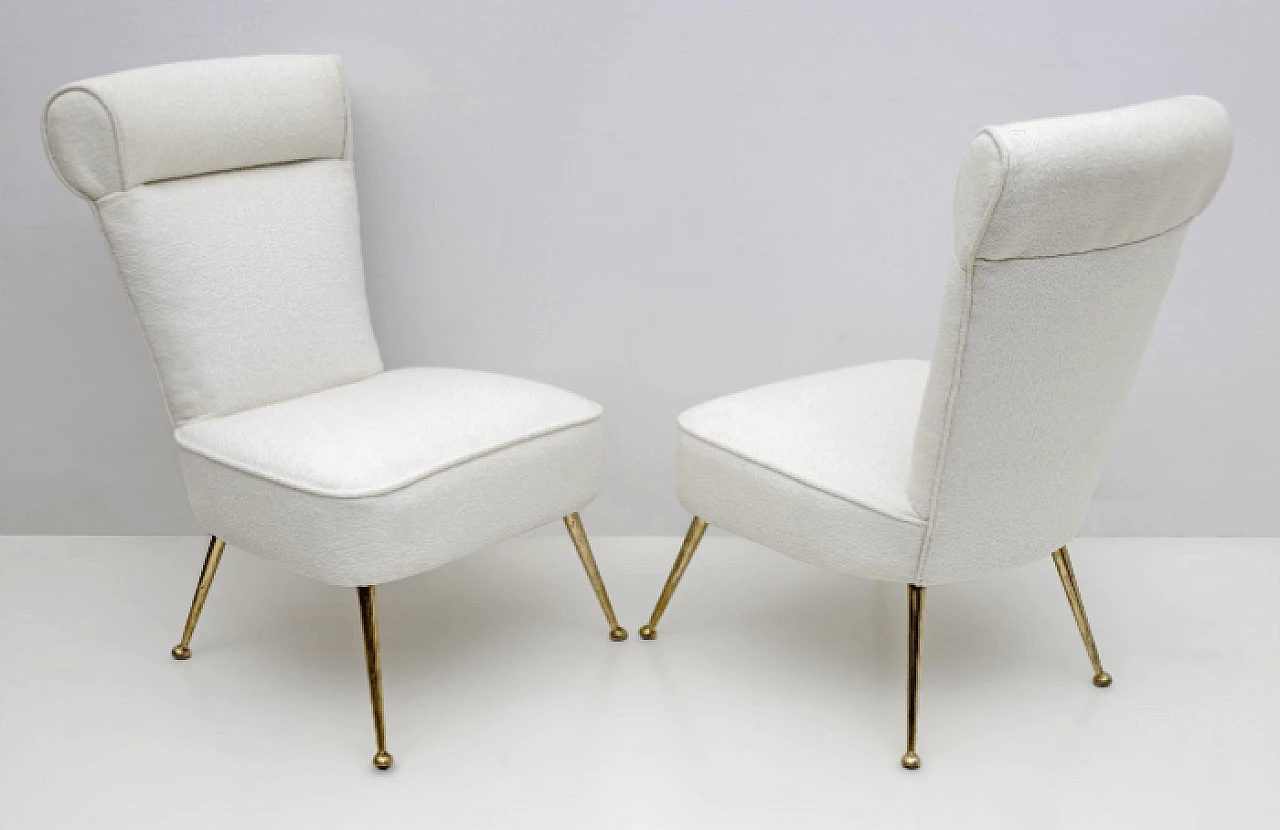 Pair of brass and bouclé fabric chairs by Gigi Radice for Minotti, 1950s 2